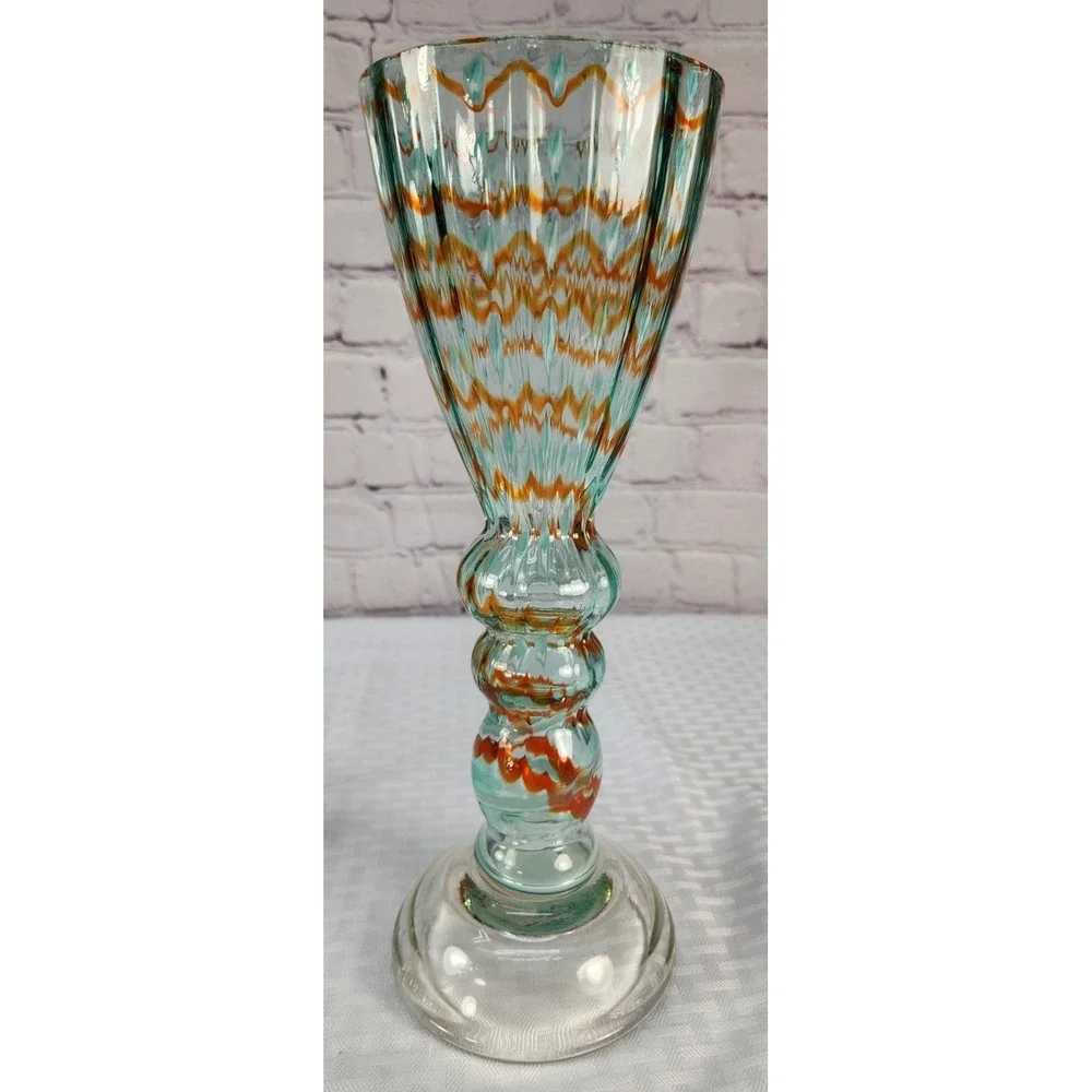 Reversible Art Glass Set Teal & Gold 2-in-1 Pillar Candle Holder or Vase 12